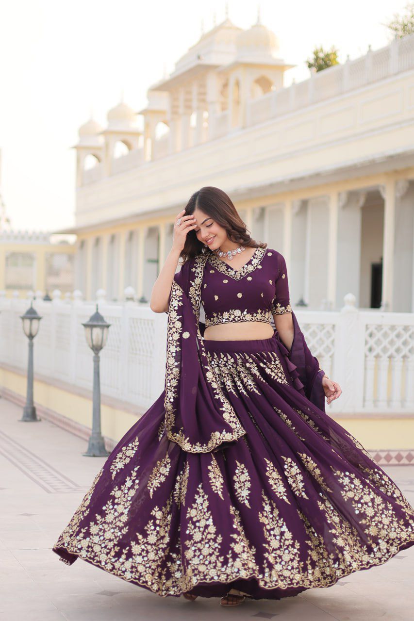 Trending wine-colored embroidered Lehenga