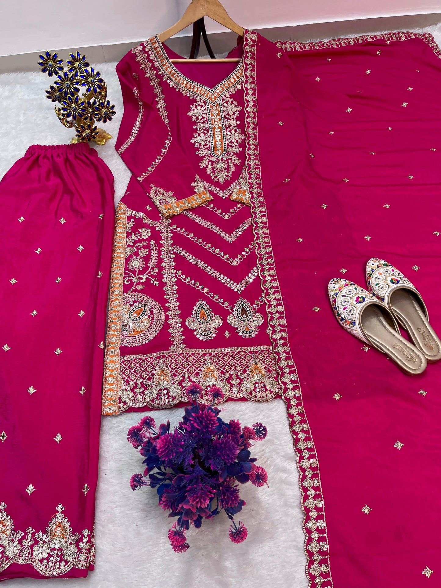 SILK EMBROIDERED READY TO WEAR TOP PALAZZO AND DUPATTA SET