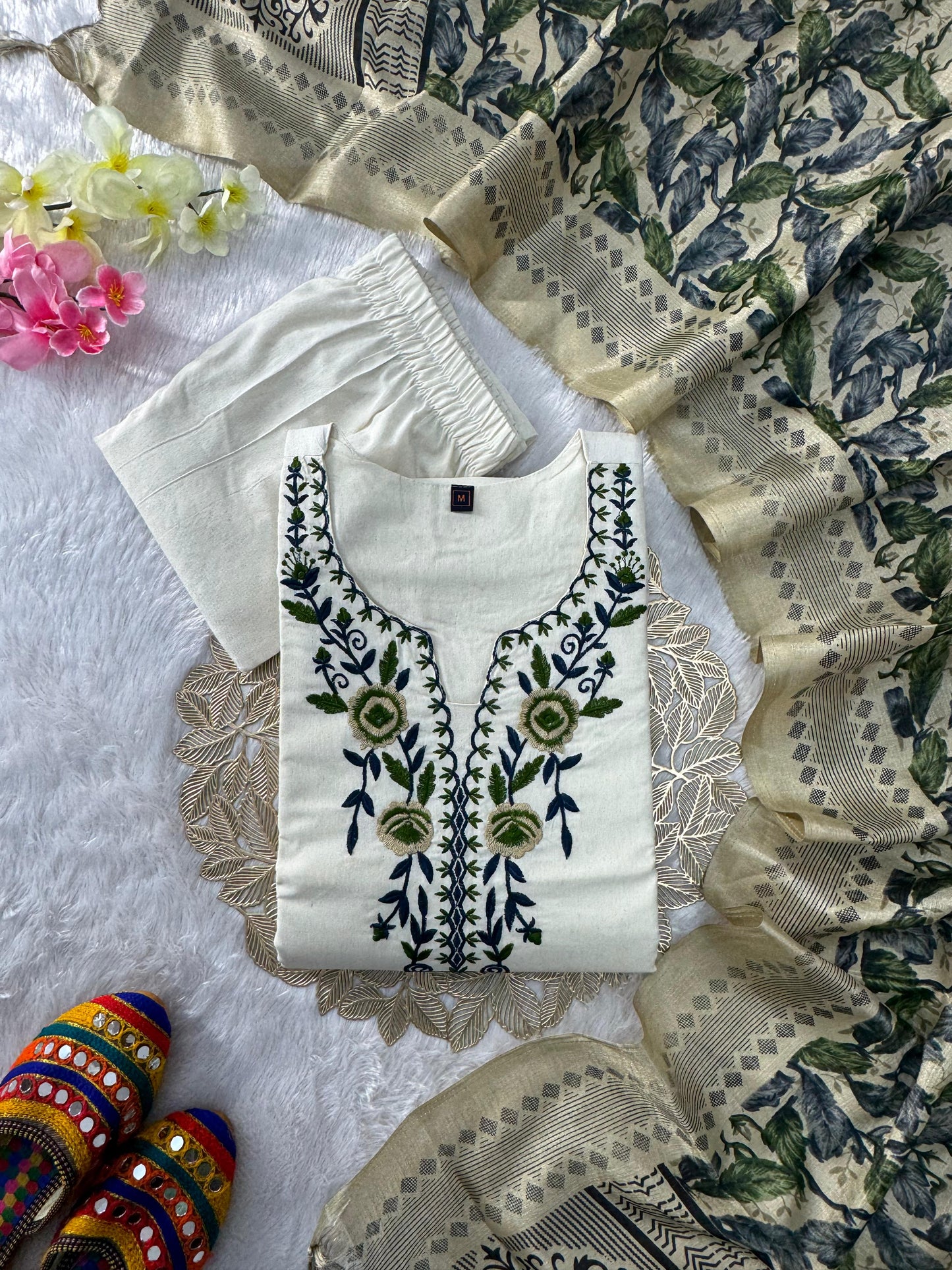 KHADI COTTON EMBROIDERED KURTI PANT SET WITH DUPATTA