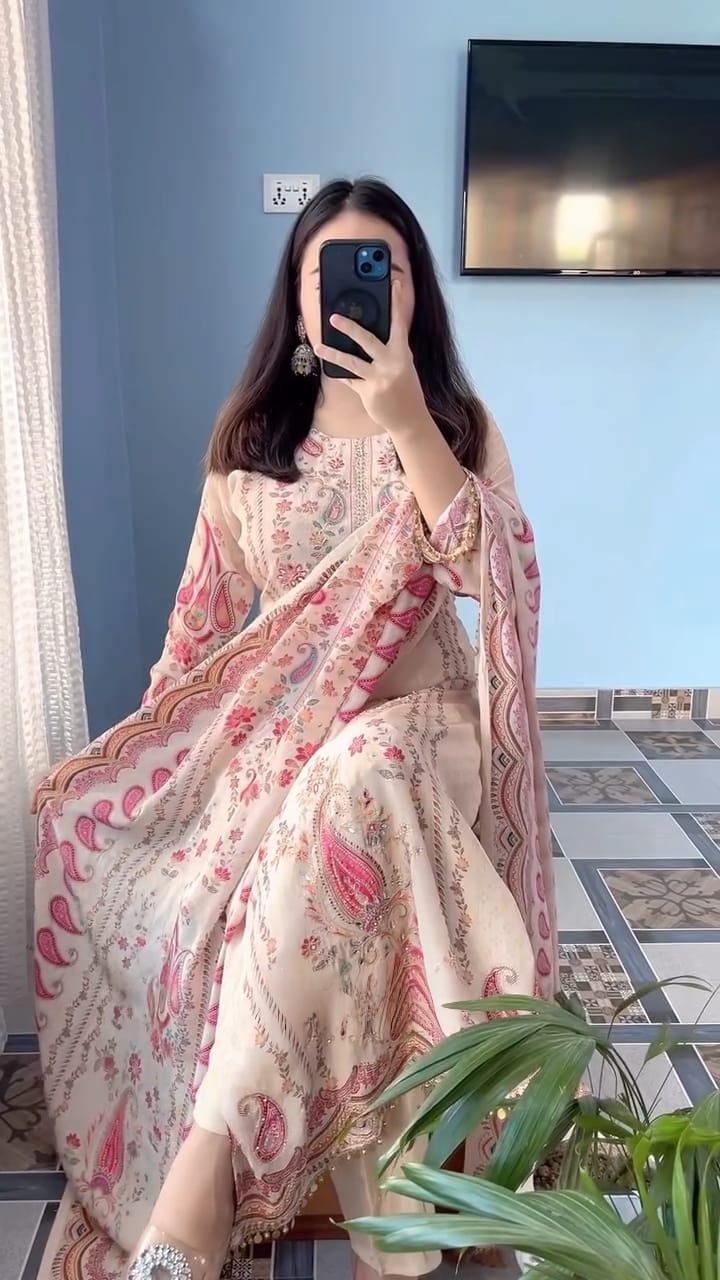 ELEGANT OFF-WHITE A-LINE AARI & MIRROR WORK SUIT SET WITH DUPATTA