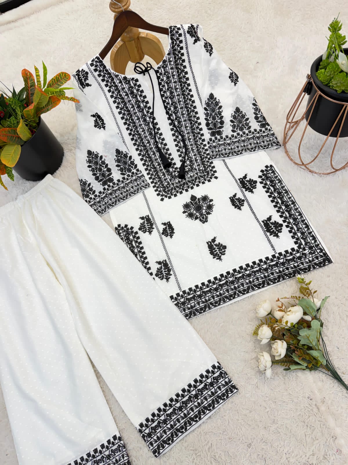 RAYON BUTTI SILK EMBROIDERED TOP-BOTTOM SET