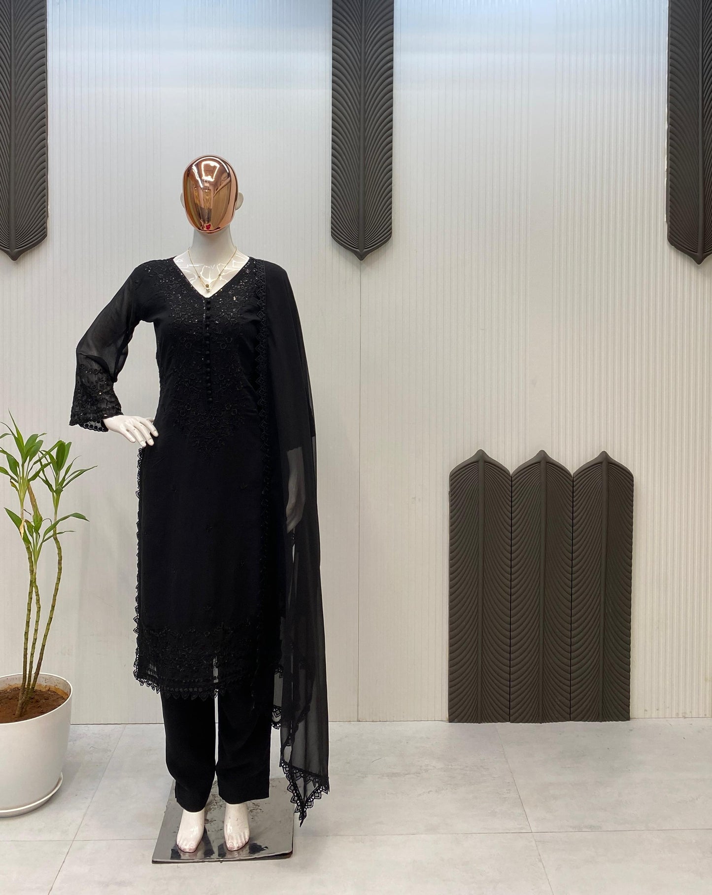 GEORGETTE SEQUENCE EMBROIDERED TOP PLAZZO SET WITH DUPATTA