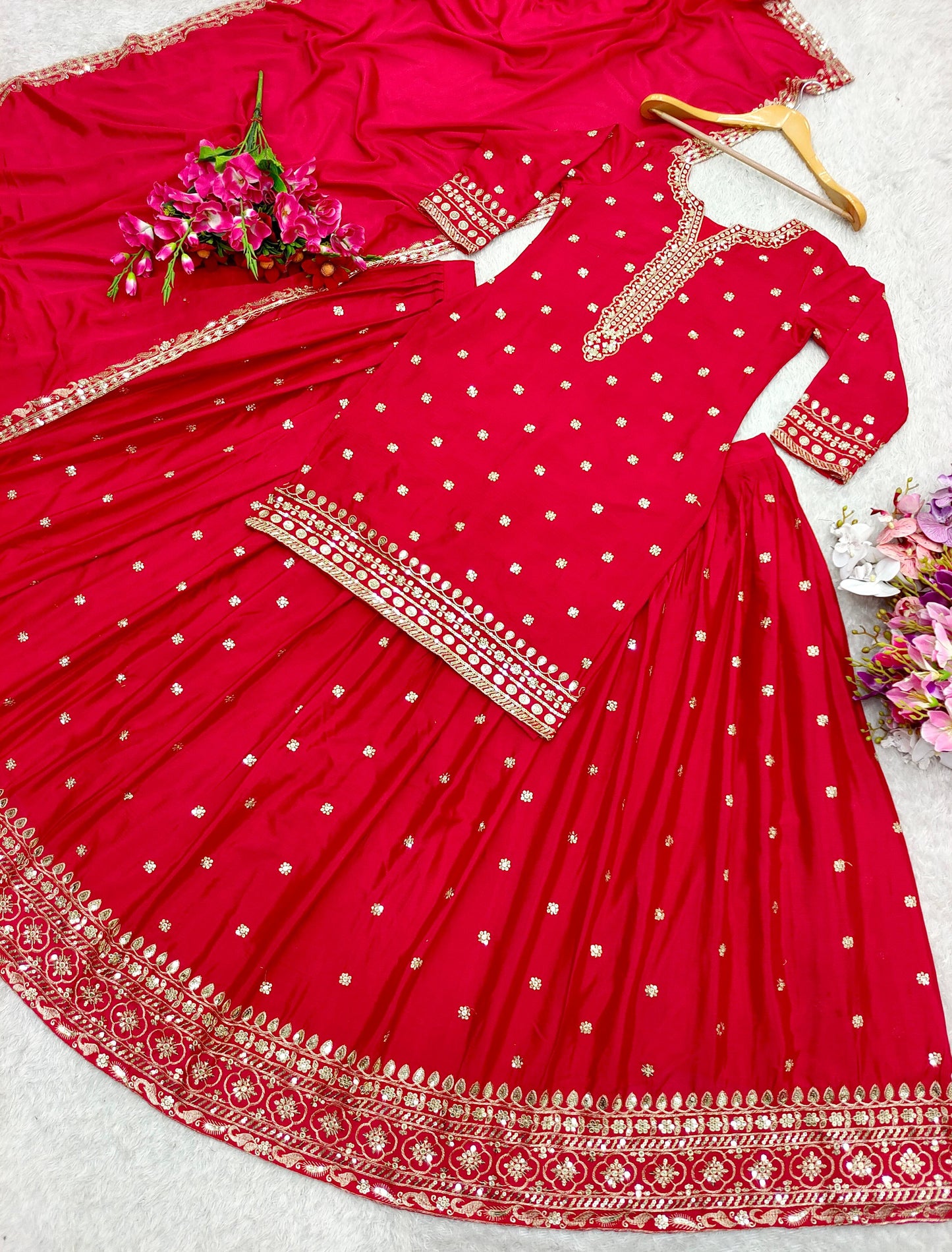Pure Chinon Silk Top-Lehenga-Dupatta Set