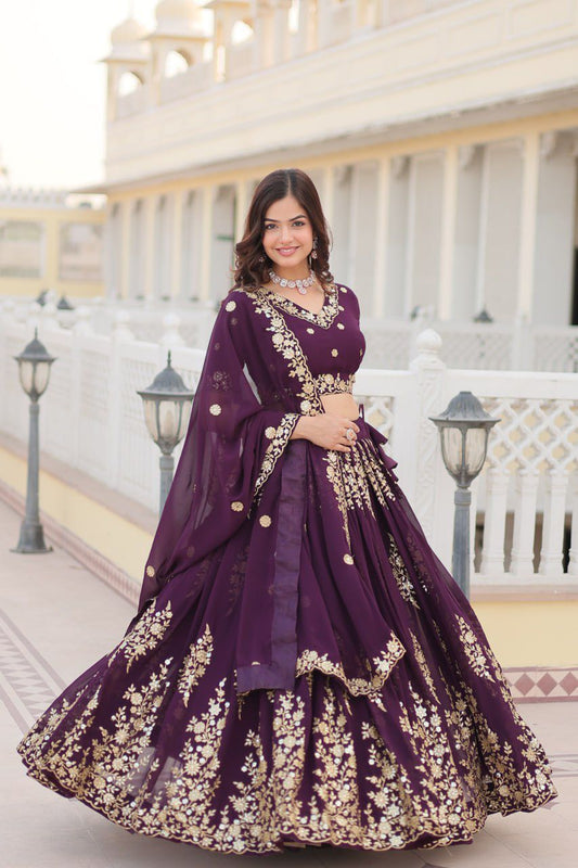 Trending wine-colored embroidered Lehenga