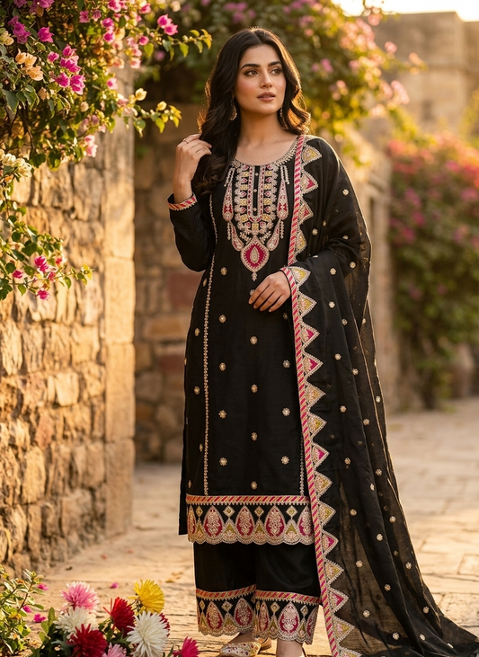 ELEGANT CHINON SILK SEQUENCE EMBROIDERED CO-ORD SET WITH DUPATTA