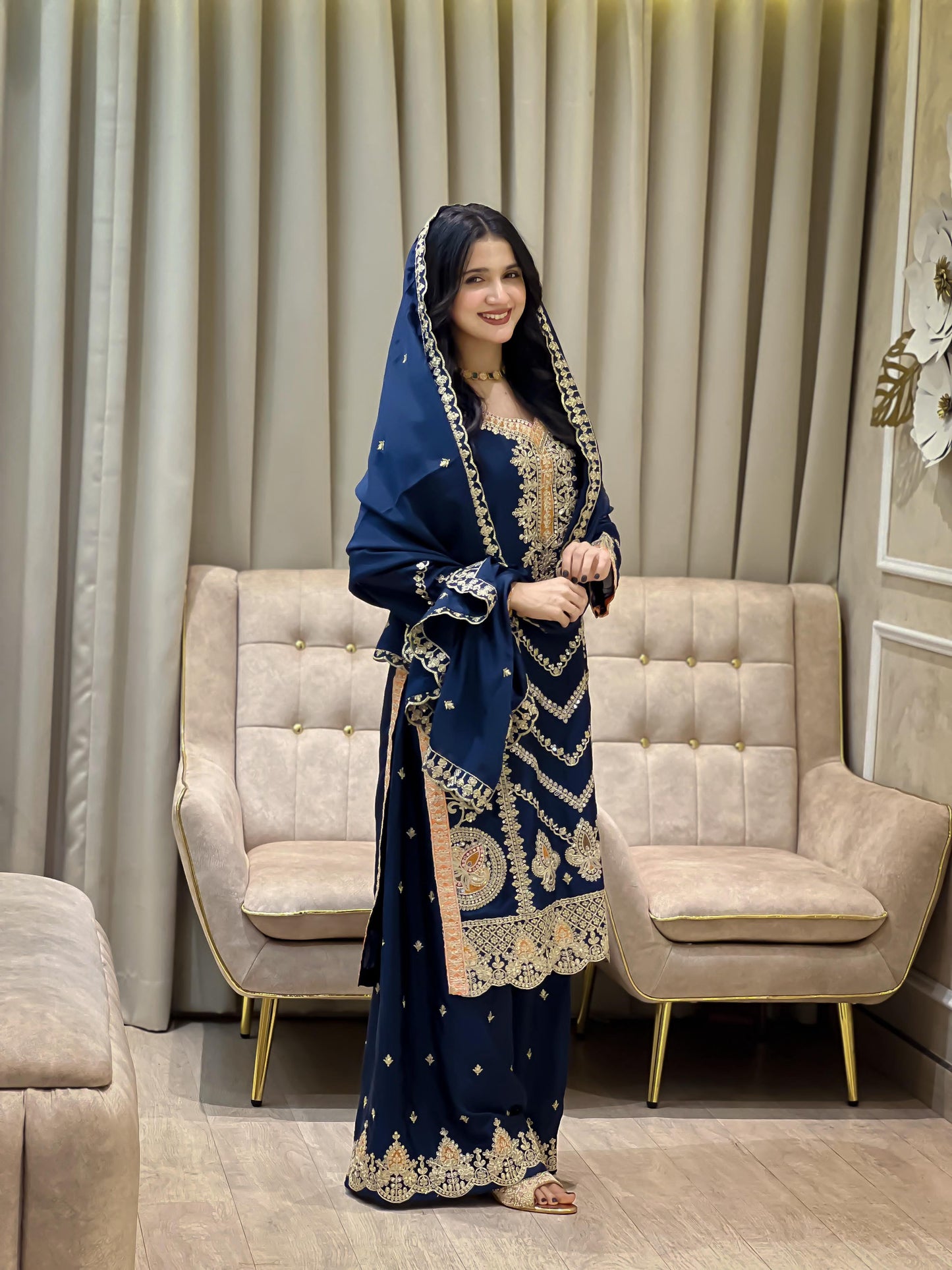 SILK EMBROIDERED READY TO WEAR TOP PALAZZO AND DUPATTA SET