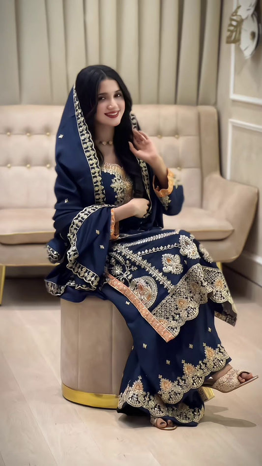 SILK EMBROIDERED READY TO WEAR TOP PALAZZO AND DUPATTA SET