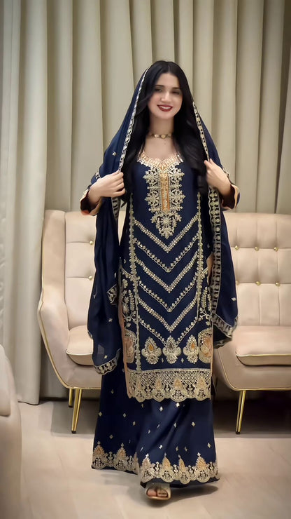 SILK EMBROIDERED READY TO WEAR TOP PALAZZO AND DUPATTA SET