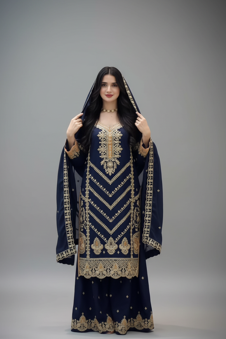 SILK EMBROIDERED READY TO WEAR TOP PALAZZO AND DUPATTA SET