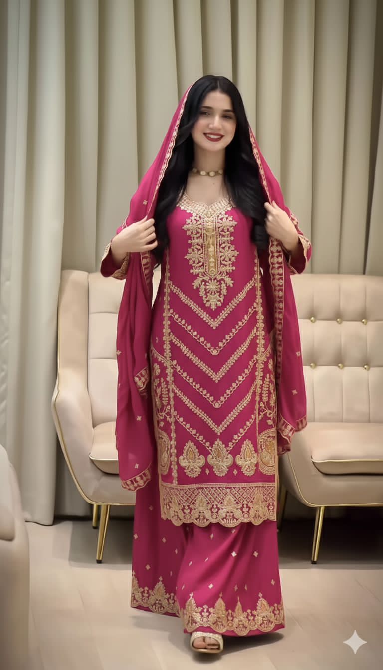 SILK EMBROIDERED READY TO WEAR TOP PALAZZO AND DUPATTA SET
