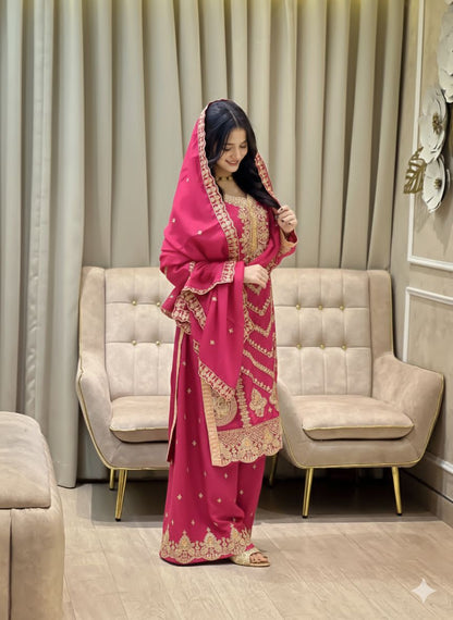 SILK EMBROIDERED READY TO WEAR TOP PALAZZO AND DUPATTA SET