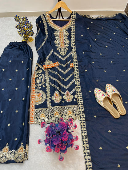 SILK EMBROIDERED READY TO WEAR TOP PALAZZO AND DUPATTA SET