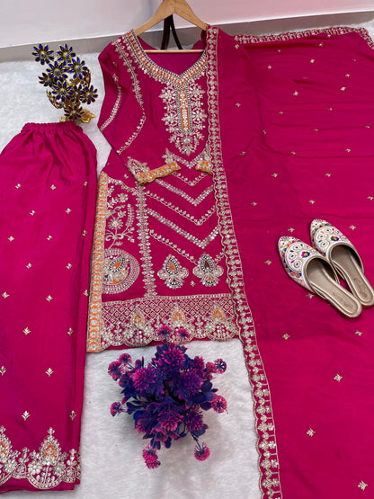 SILK EMBROIDERED READY TO WEAR TOP PALAZZO AND DUPATTA SET
