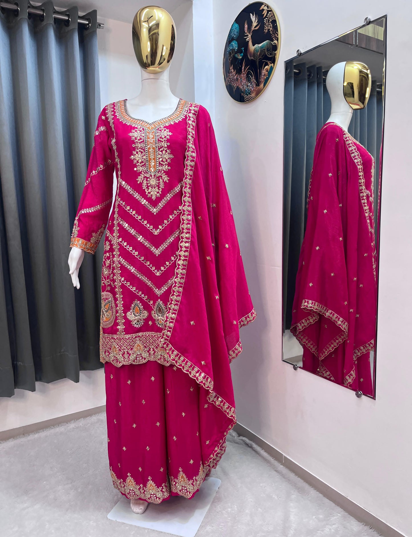 SILK EMBROIDERED READY TO WEAR TOP PALAZZO AND DUPATTA SET