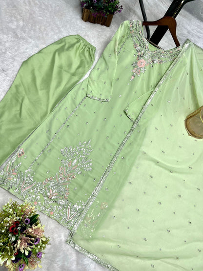 PREMIUM EMBROIDERED FAUX GEORGETTE 3-PIECE LONG KURTI SET