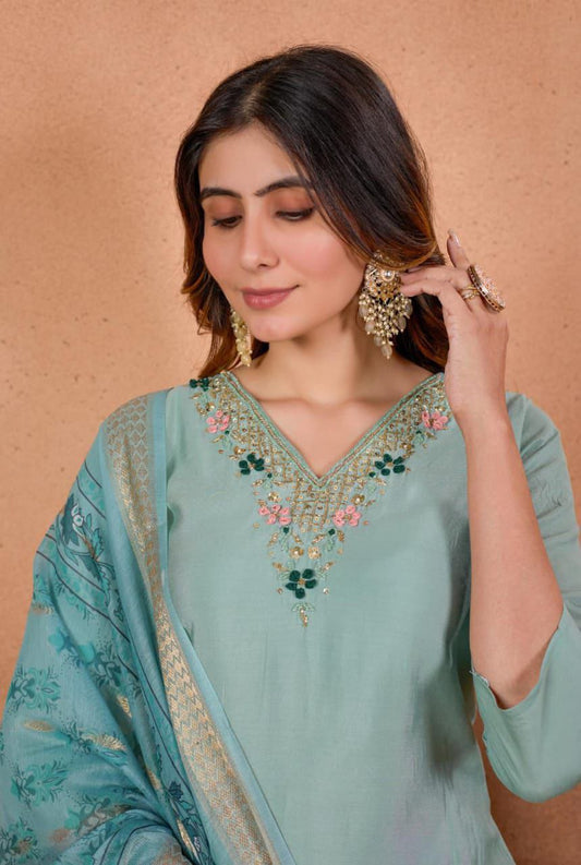 PREMIUM ROMAN SILK DESIGNER KURTI PANT SET