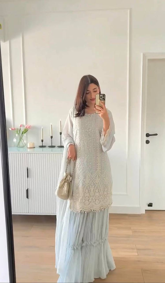 HEAVY FAUX GEORGETTE DESIGNER PARTY WEAR TOP PALAZZO AND DUPATTA SET