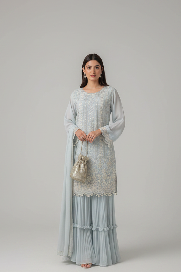 HEAVY FAUX GEORGETTE DESIGNER PARTY WEAR TOP PALAZZO AND DUPATTA SET