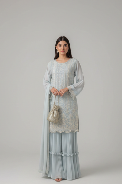 HEAVY FAUX GEORGETTE DESIGNER PARTY WEAR TOP PALAZZO AND DUPATTA SET