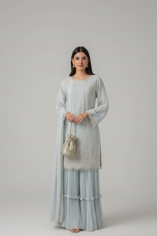HEAVY FAUX GEORGETTE DESIGNER PARTY WEAR TOP PALAZZO AND DUPATTA SET