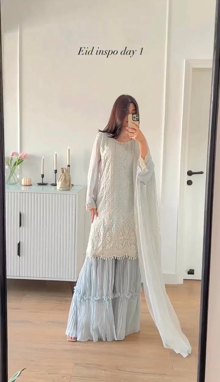HEAVY FAUX GEORGETTE DESIGNER PARTY WEAR TOP PALAZZO AND DUPATTA SET