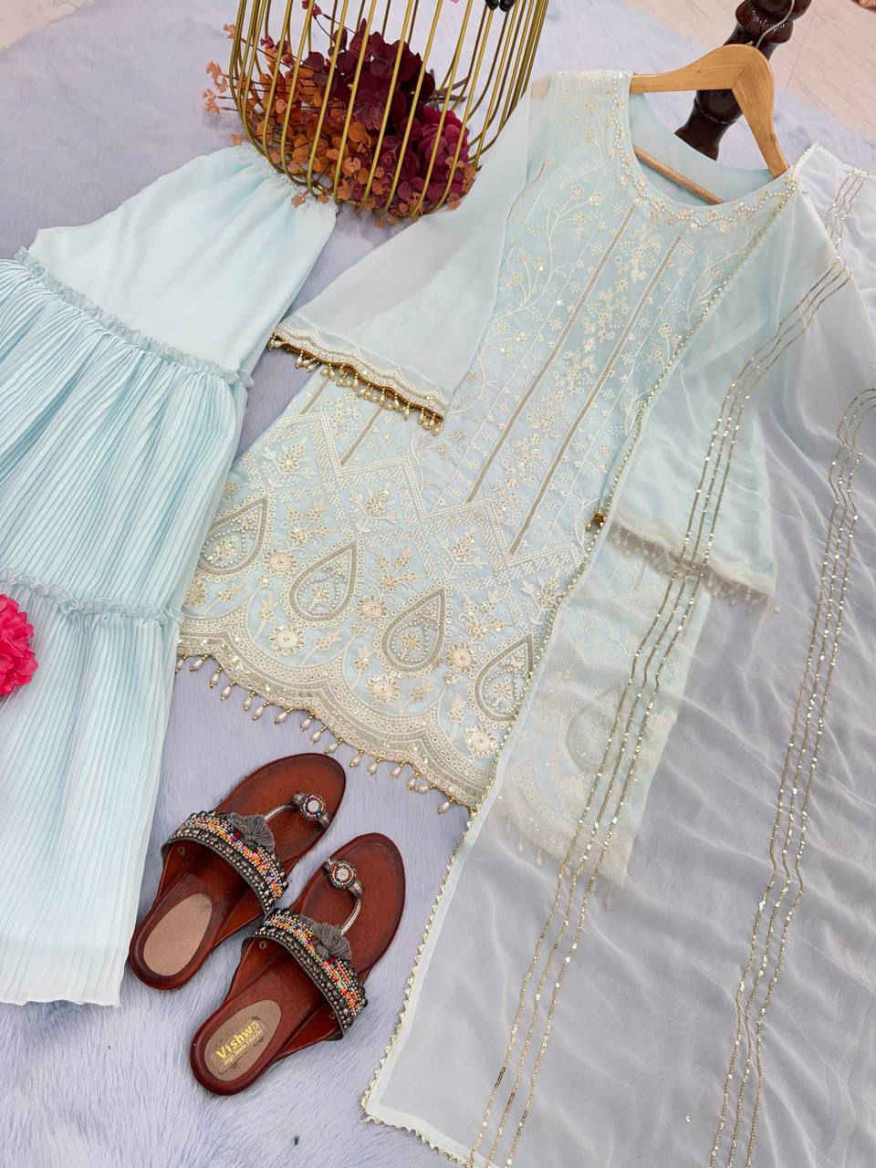HEAVY FAUX GEORGETTE DESIGNER PARTY WEAR TOP PALAZZO AND DUPATTA SET