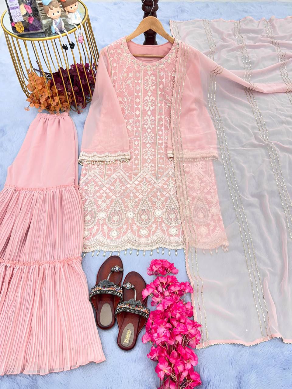 HEAVY FAUX GEORGETTE DESIGNER PARTY WEAR TOP PALAZZO AND DUPATTA SET