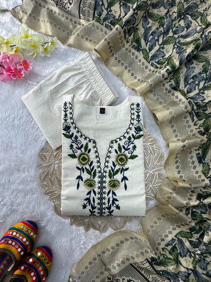 KHADI COTTON EMBROIDERED KURTI PANT SET WITH DUPATTA