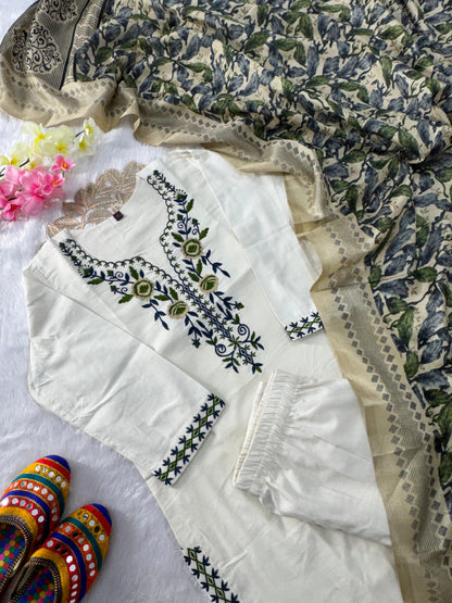 KHADI COTTON EMBROIDERED KURTI PANT SET WITH DUPATTA