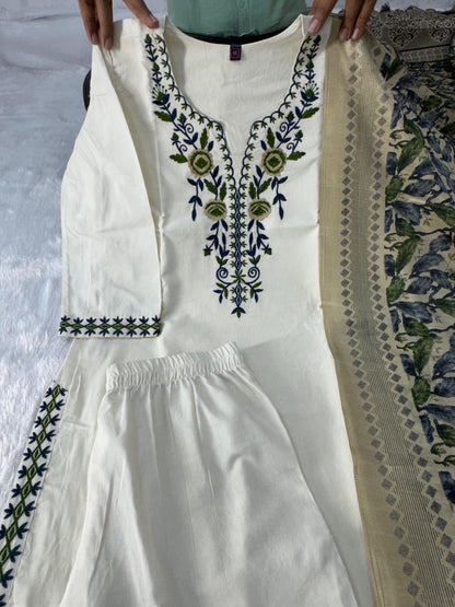 KHADI COTTON EMBROIDERED KURTI PANT SET WITH DUPATTA