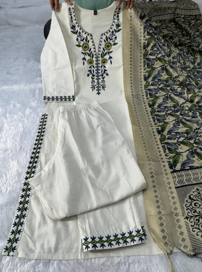 KHADI COTTON EMBROIDERED KURTI PANT SET WITH DUPATTA