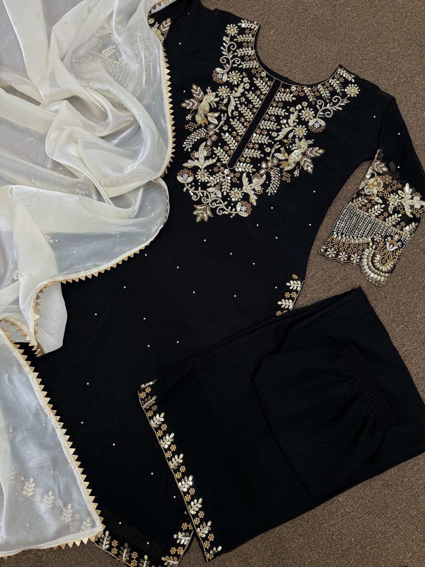 FAUX GEORGETTE EMBROIDERED KURTI PLAZZO SET WITH SILK DUPATTA