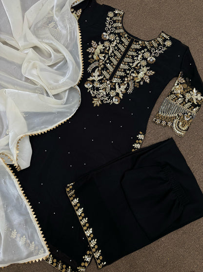 FAUX GEORGETTE EMBROIDERED KURTI PLAZZO SET WITH SILK DUPATTA