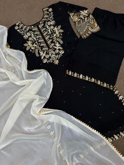 FAUX GEORGETTE EMBROIDERED KURTI PLAZZO SET WITH SILK DUPATTA