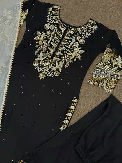 FAUX GEORGETTE EMBROIDERED KURTI PLAZZO SET WITH SILK DUPATTA