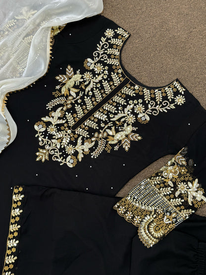 FAUX GEORGETTE EMBROIDERED KURTI PLAZZO SET WITH SILK DUPATTA