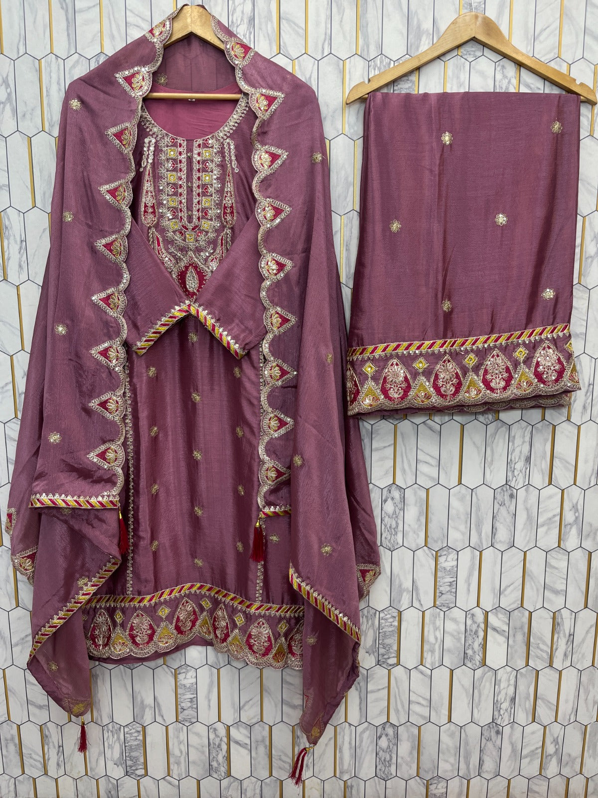 ELEGANT CHINON SILK SEQUENCE EMBROIDERED CO-ORD SET WITH DUPATTA