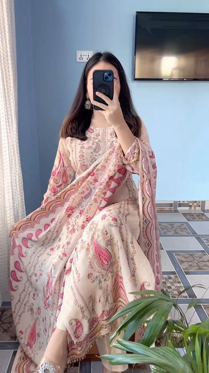 ELEGANT OFF-WHITE A-LINE AARI & MIRROR WORK SUIT SET WITH DUPATTA