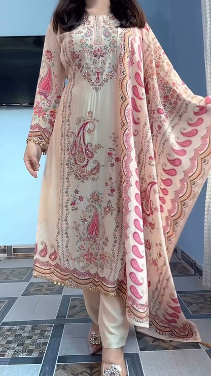 ELEGANT OFF-WHITE A-LINE AARI & MIRROR WORK SUIT SET WITH DUPATTA