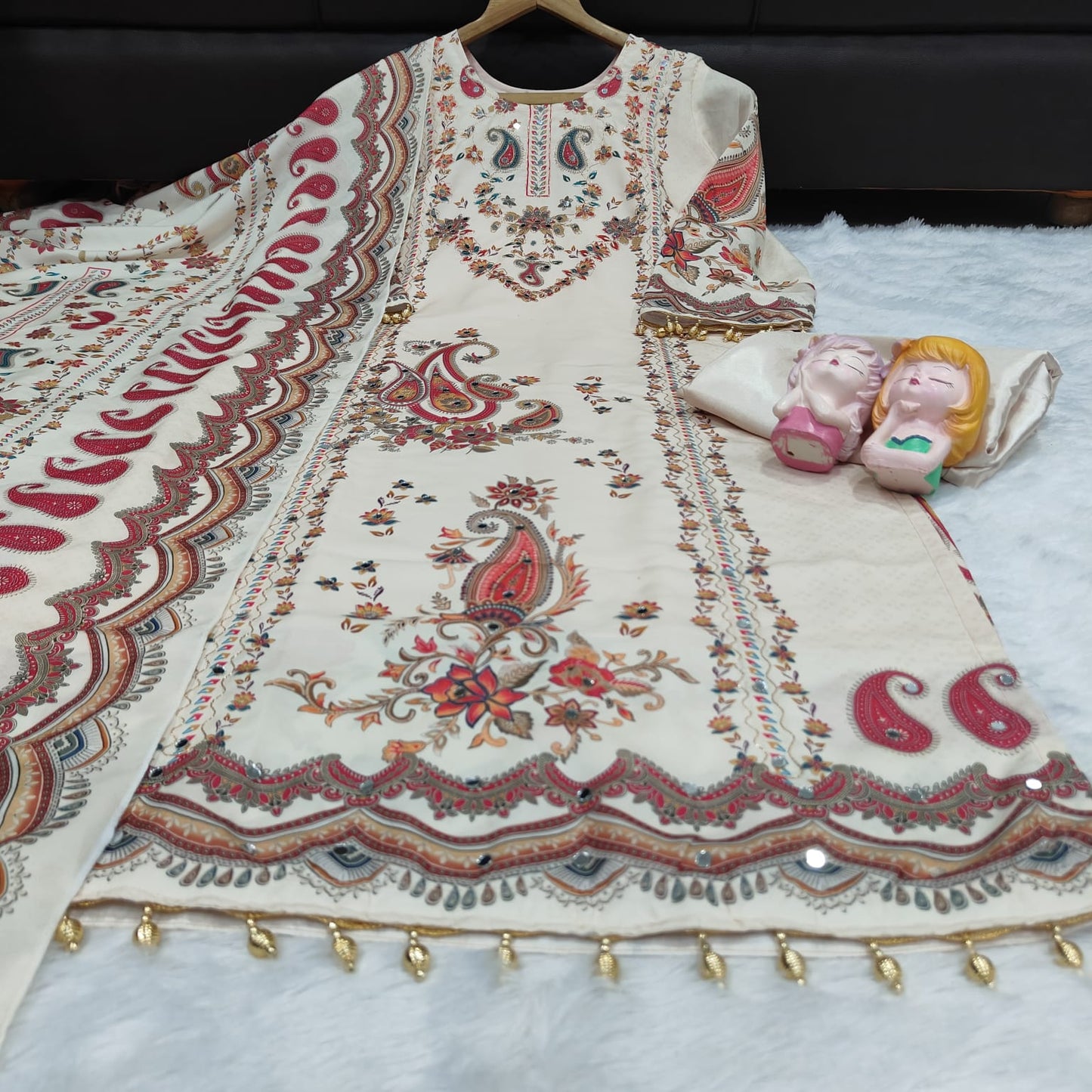 ELEGANT OFF-WHITE A-LINE AARI & MIRROR WORK SUIT SET WITH DUPATTA