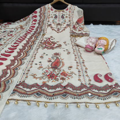 ELEGANT OFF-WHITE A-LINE AARI & MIRROR WORK SUIT SET WITH DUPATTA