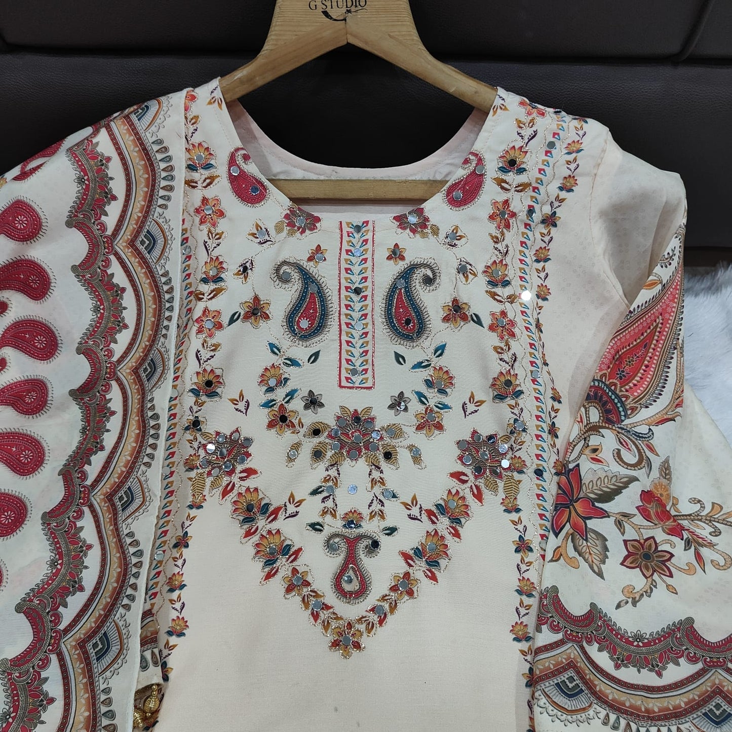 ELEGANT OFF-WHITE A-LINE AARI & MIRROR WORK SUIT SET WITH DUPATTA