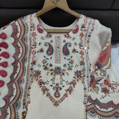 ELEGANT OFF-WHITE A-LINE AARI & MIRROR WORK SUIT SET WITH DUPATTA