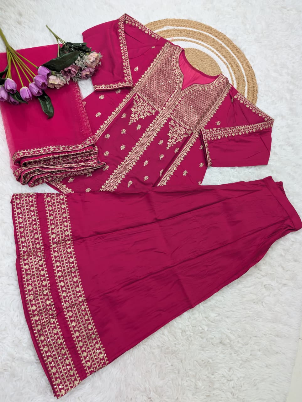 LUXURY VISCOSE CHANDERI SILK SEQUENCE EMBROIDERED KURTA SET COLLECTION