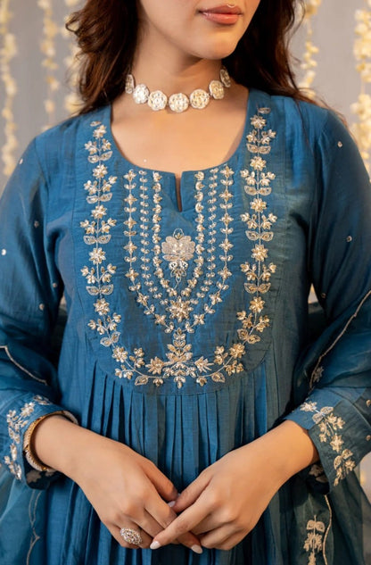 CHANDERI SILK EMBROIDERED SUIT SET WITH DUPATTA