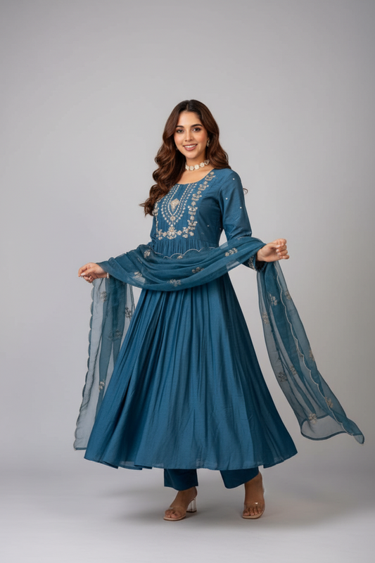 CHANDERI SILK EMBROIDERED SUIT SET WITH DUPATTA
