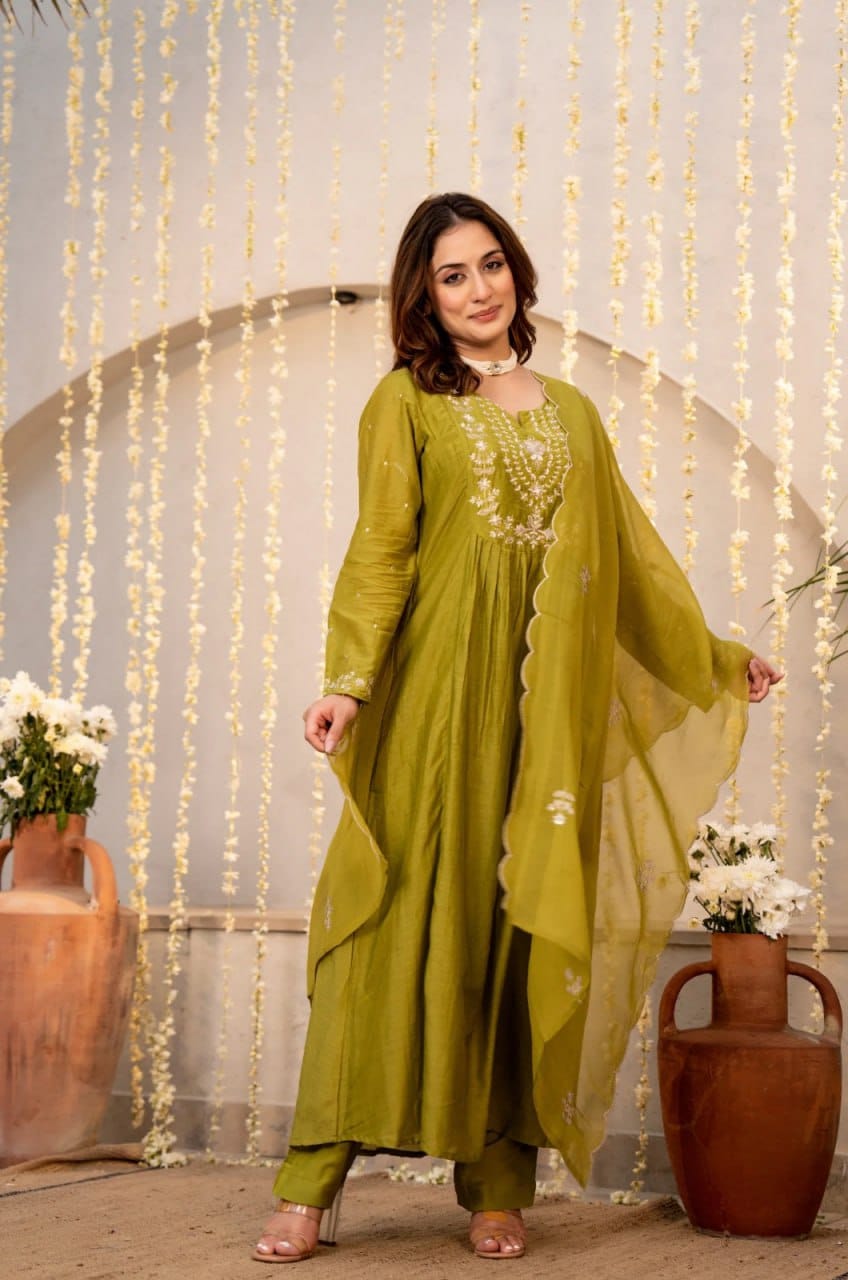 CHANDERI SILK EMBROIDERED SUIT SET WITH DUPATTA