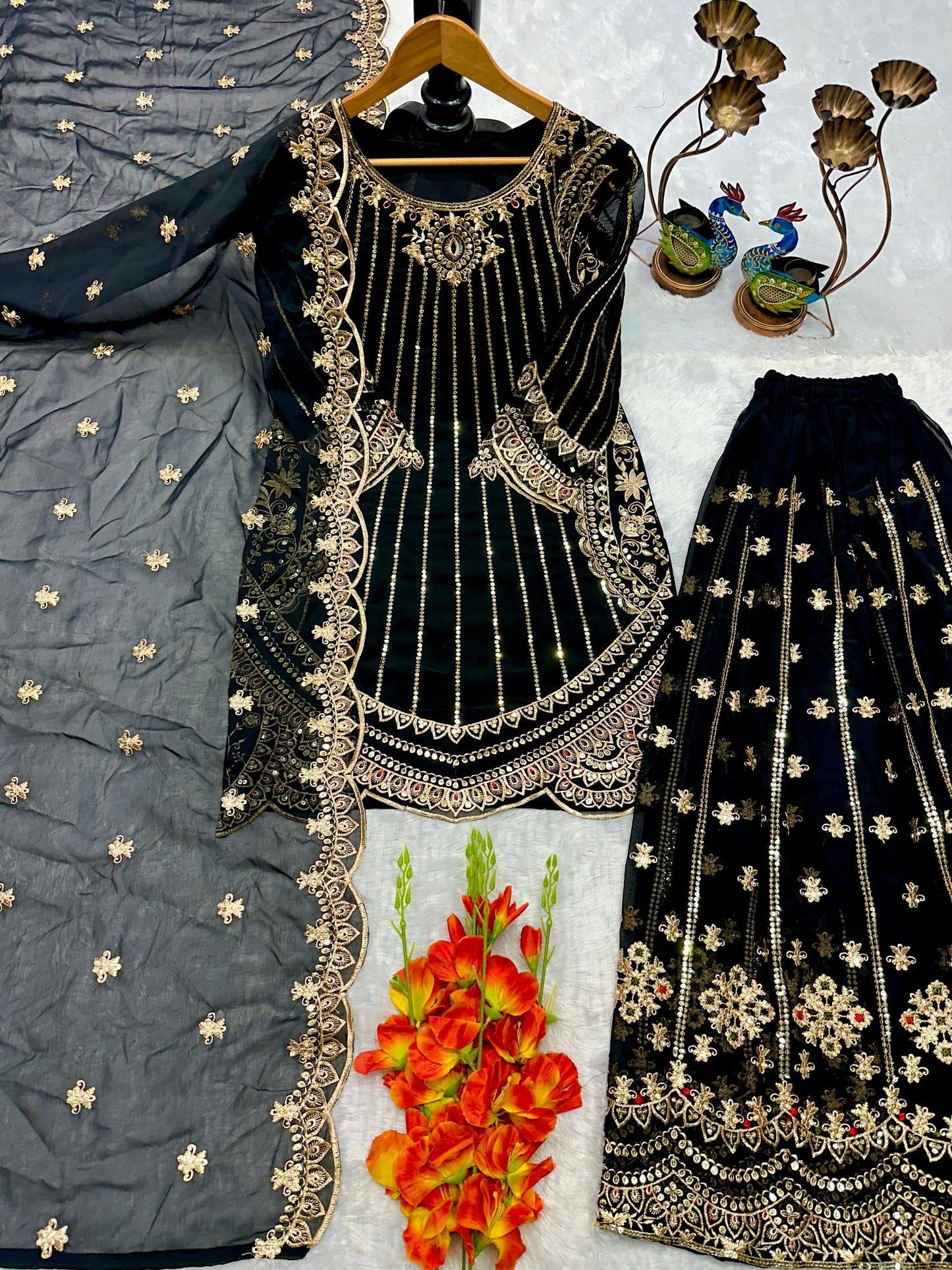 ELEGANT EMBROIDERED TOP AND PLAZZO SET WITH LACE DUPATTA