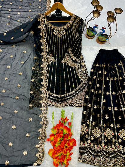 ELEGANT EMBROIDERED TOP AND PLAZZO SET WITH LACE DUPATTA