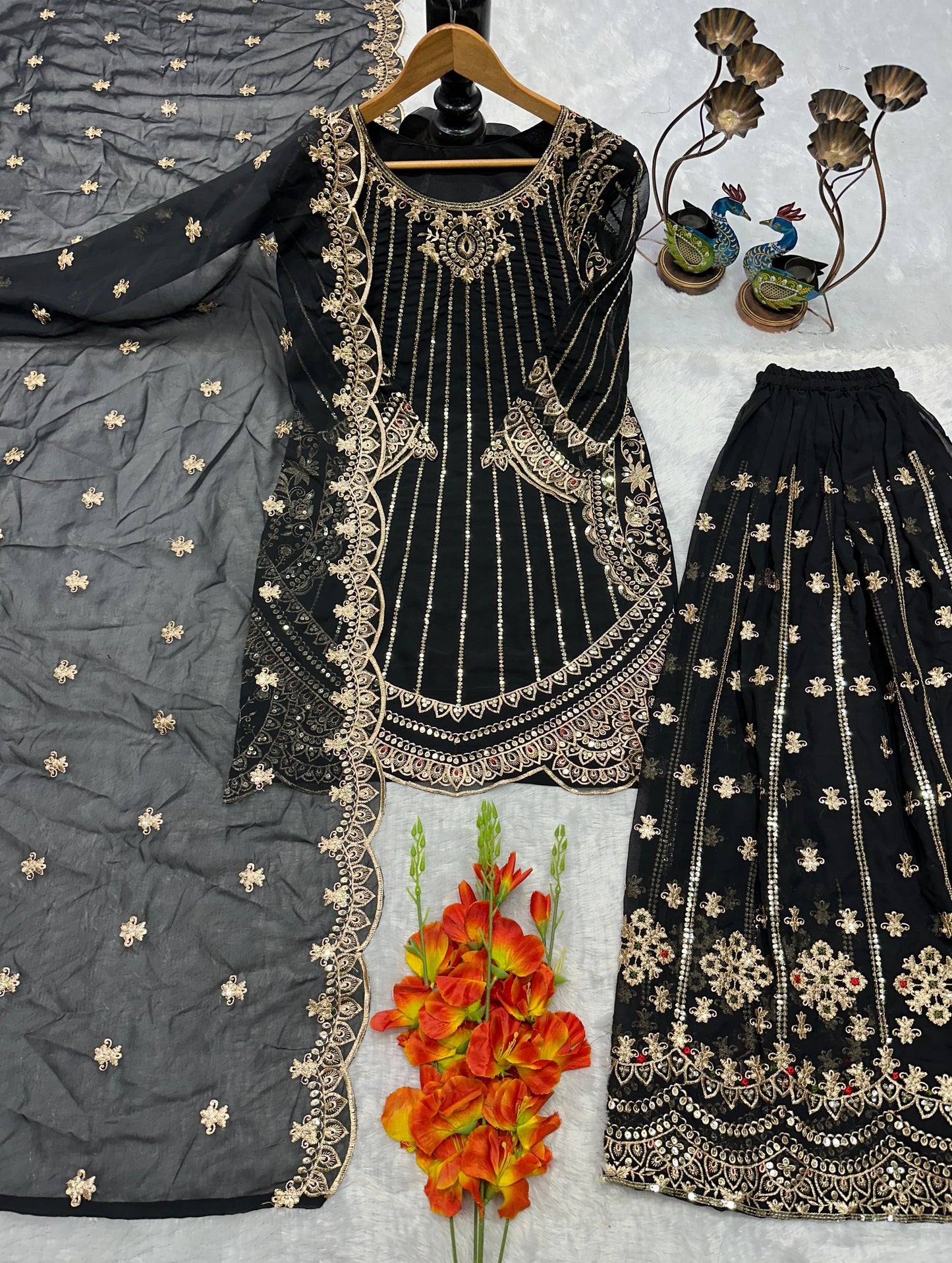 ELEGANT EMBROIDERED TOP AND PLAZZO SET WITH LACE DUPATTA